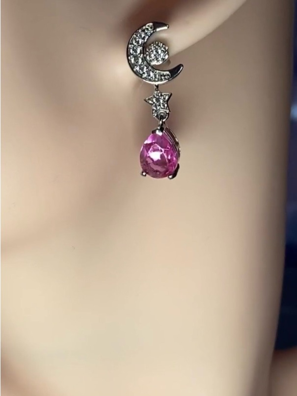✨🌙💖Moonlit Wishes-Celestial Moon & Star Pink Quartz Drop Earrings-Platinum Bond